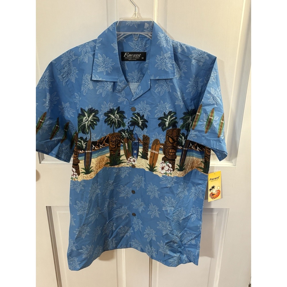 Vintage Favant Men's Hawaiian Shirt  Medium  100% Cotton Surf & Tiki Ocean Blue